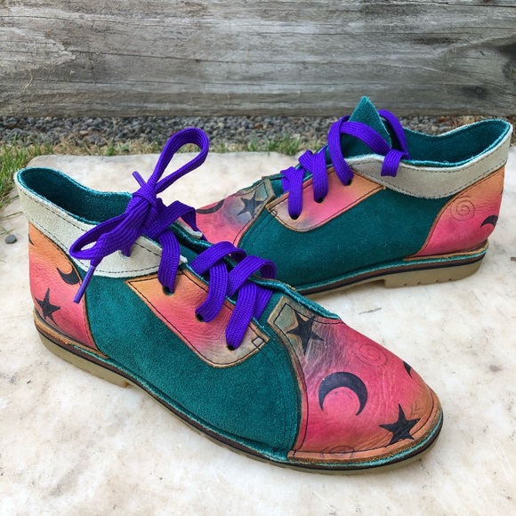 Vintage Shoes - VTG Handmade Leather Painted Oxfords Green Unique